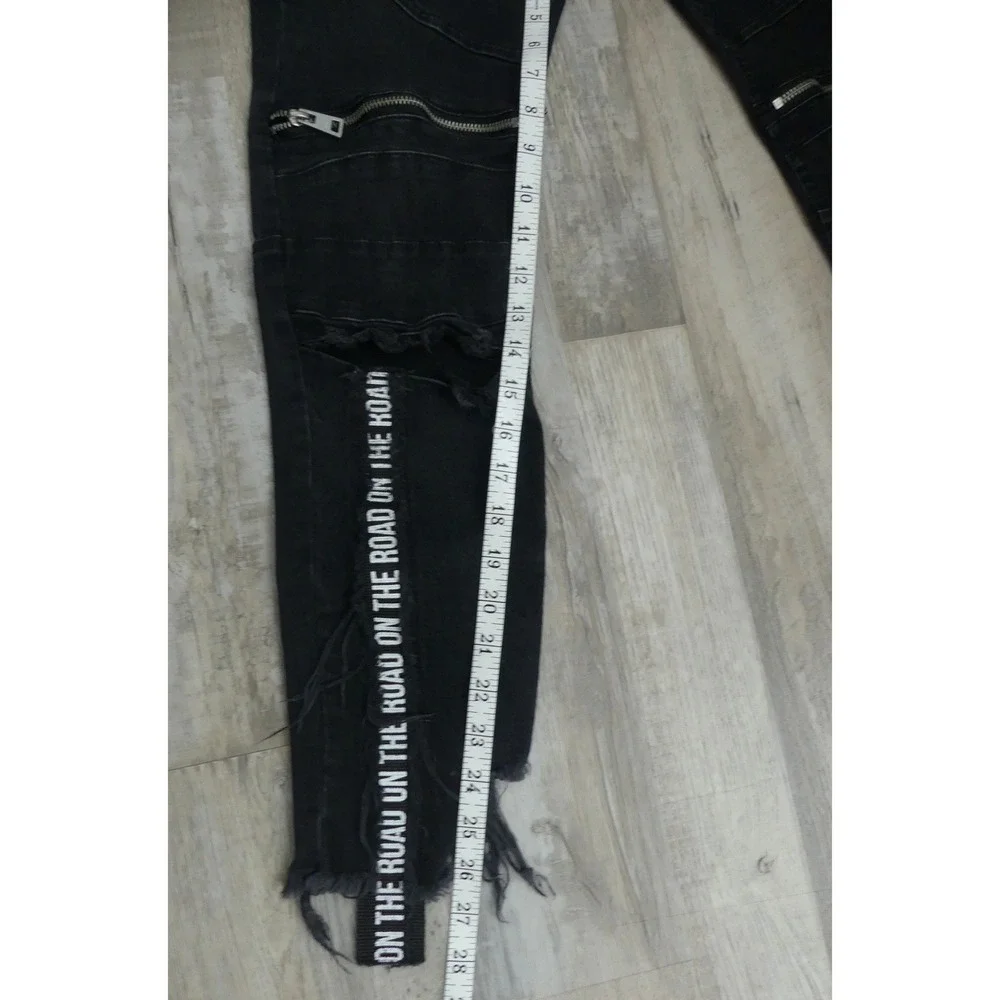 Zara Man Black Distressed Jeans On The Road Zipper Moto Denim Grunge 31